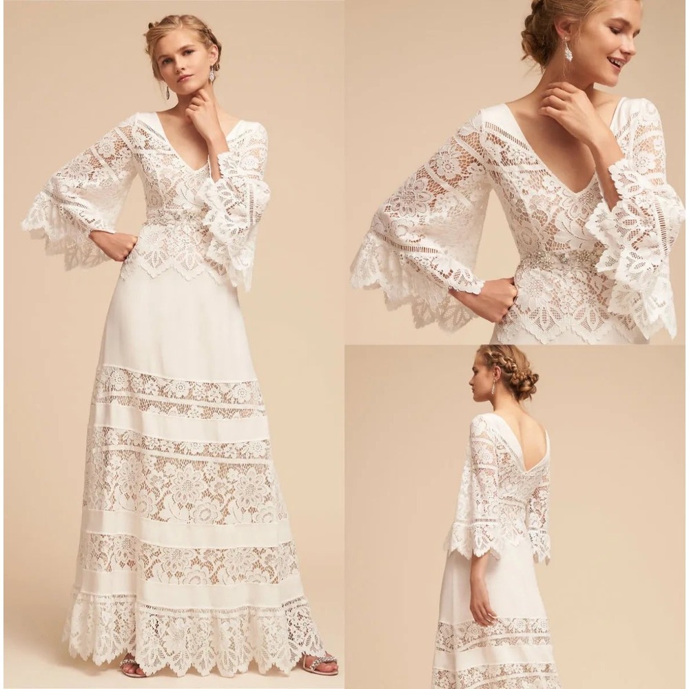 Tracy Reese Tiered Lace Bell Sleeve Bohemian Romantic Wedding Dress White Size 2